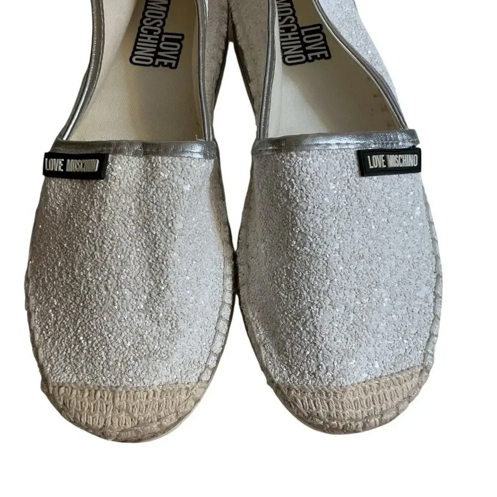 Love Moschino White Glitter Espadrille Platform Slip On Loafers Silver Women’s 6